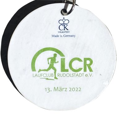 Runde Medaille mit dem Aufdruck "LCR Laufclub Rudolstadt e.V. 13. März 2022".